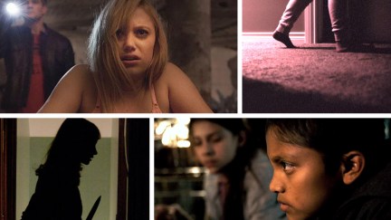 A collage featuring some of the best modern horror movies on Shudder (clockwise from top left): 'It Follows,' 'Skinamarink,' 'Tigers Are Not Afraid,' and 'The House of the Devil'