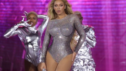 Beyoncé wears a silver leotard during her Renaissance concert.