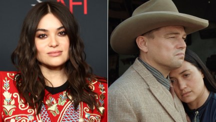 Devery Jacobs at the AFI Awards next to an image of Leonardo DiCaprio and Lily Gladstone in Killers of the Flower Moon