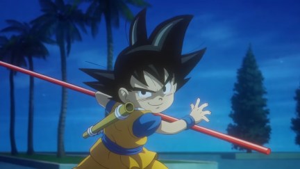 Baby Goku preparing to fight with his staff in 