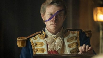 A man with a prosthetic nose wears a British uniform from the 1700s in 'Our Flag Means Death.'