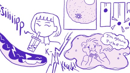 An illustration by Reimena Yee featured on the Comics Devices website, this one focusing on the use of Evocation. From left to right, drawings of food, sipping a beverage with the sound effect 