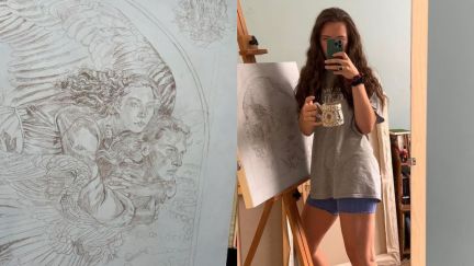 Sophie on Howl's back, work in progress sketch by Ruth Speer, and Ruth Speer posing with her sketch