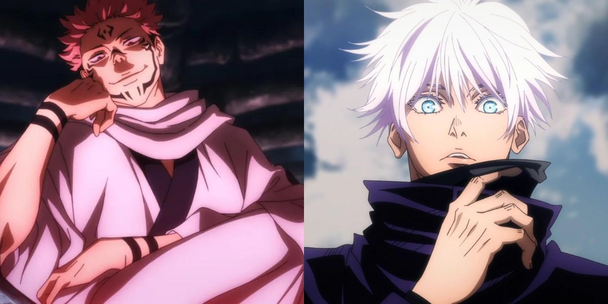 Ryomen Sukuna while possessing Yuji Itadori and Gojo Satoru taking off his blindfold in Episode 20 of Jujutsu Kaisen (MAPPA)