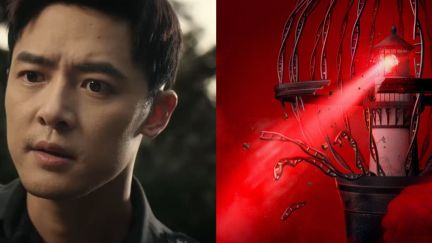 Luo Wei Zhao's first encounter with Pei Su (left), Justice in the Dark poster (right)