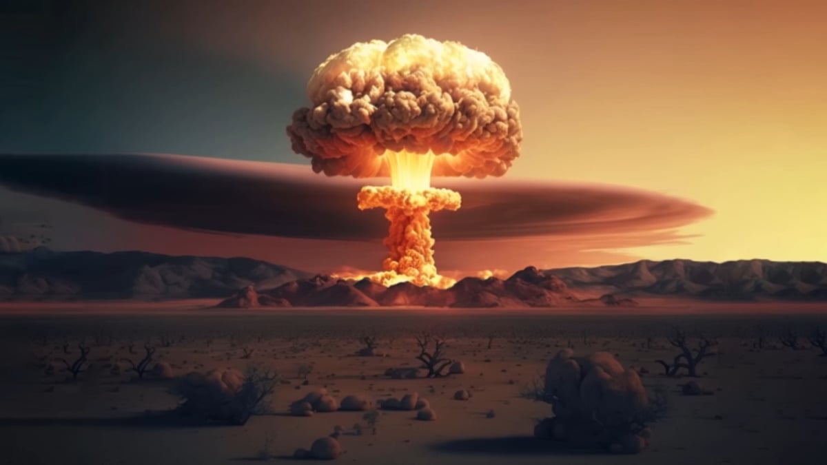 Mushroom Cloud produced by a Nuclear Explosion in the middle of the desert, Generative AI Art 