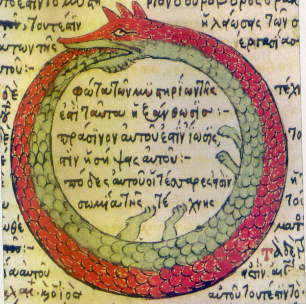 A red lizard-type creature, curled in a circle with its tail in its mouth. There's Greek writing around it. From a 15th century tract on alchemy.