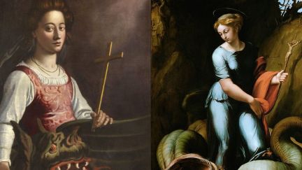 St. Margaret of Antioch by JACOPO CHIMENTI holding a cross with a dragon beside her (Left) and St. Margaret of Antioch holding a cross while glancing at the dragon by Raphael (Right)