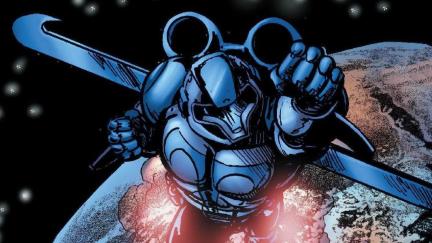 A comic book superhero wearing a suit of armor flies in space in 'The Boys'.