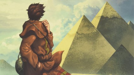 Cover art for the Hardcover version of Paulo Coelho's The Alchemist: A Graphic Novel, featuring a figure facing the pyramids of Giza in Egypt.