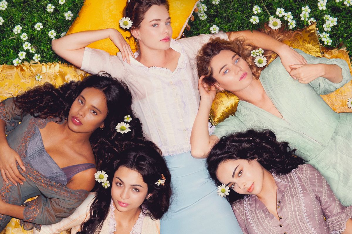 Kristine Froseth as Nan St. George, Alisha Boe as Conchita Closson, Josie Totah as Mabel Elmsworth, Aubri Ibrag as Lizzy Elmsworth, and Imogen Waterhouse as Jinny St. George in 'The Buccaneers.'