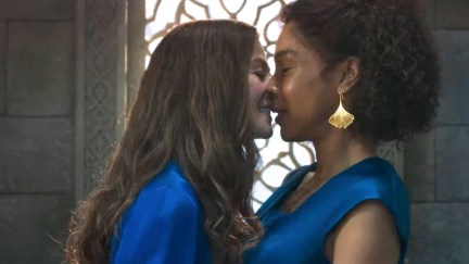 Moiraine Damodred and Siuan Sanche, played by Rosamund Pike and Sophie Okonedo almost kiss in Prime Video's The Wheel of Time.