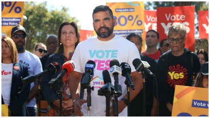 SYDNEY, AUSTRALIA - OCTOBER 09: Yes23 spokesperson Dean Parkin speaks during a campaign event at the Redfern Community Centre on October 09, 2023 in Sydney, Australia. A referendum for Australians to decide on an indigenous voice to parliament will be held on October 14, 2023 and compels all Australians to vote by law. Early voting began on Oct. 2, with voting getting underway in all states. (Photo by Lisa Maree Williams/Getty Images)