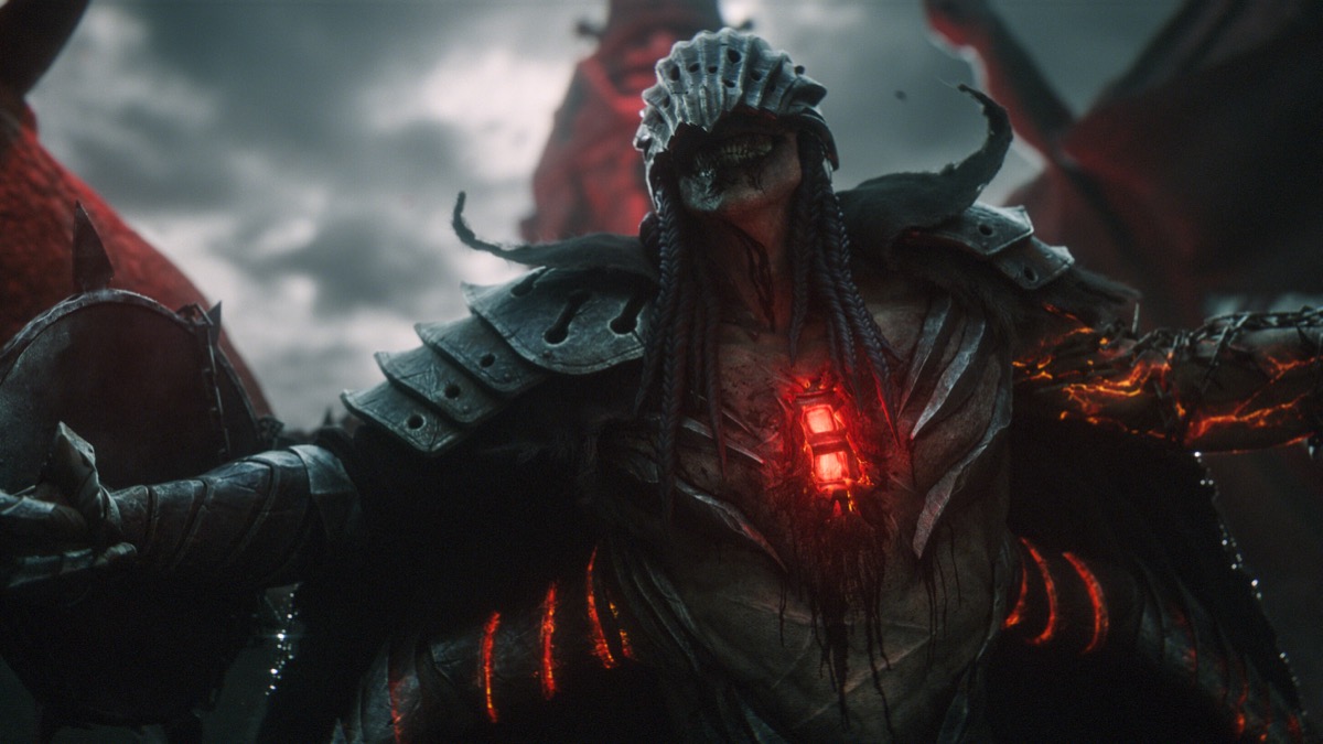 A dark demon warrior with a glowing red heart rears up in "Lords of the Fallen 2"