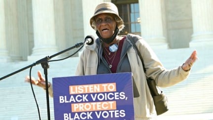 WASHINGTON, DC - OCTOBER 11: Emma Brooks sings at a rally outside of the U.S. Supreme Court on October 11, 2023 in Washington, DC. South Carolina voters and Civil Rights are calling on SCOTUS to protect Black voters in the Alexander V. SC State Conference of the NAACP court case.