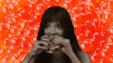 Anya Taylor-Joy eating a cheeseburger in 'The Menu,' laid over a close-up of red caviar