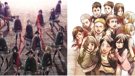 Attack on Titan complete cast on the left featuring Eren, Mikasa, Armin, Levi, Hange, Erwin and others. Attack on Titan cast as kids on the right.