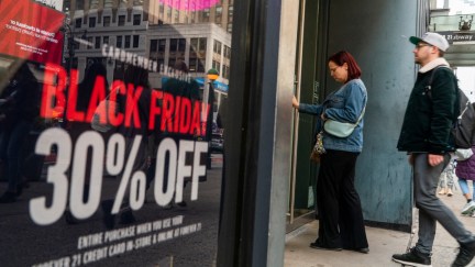 People walk into a local store in preparation for Black Friday on November 17, 2023 in New York City. For years Black Friday discounts begin the day after Thanksgiving, while stuff companies try to prolong the shopping season for consumers who want more time to buy gifts.