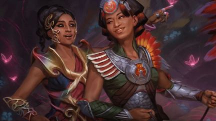 Huatli and Saheeli Rai probably riding a dinosaur for the card 'Poetic Ingenuity' for Magic The Gathering.