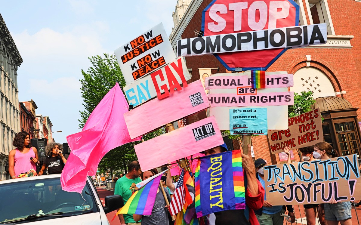 Protests outside of the Moms for Liberty Summit in Philadelphia