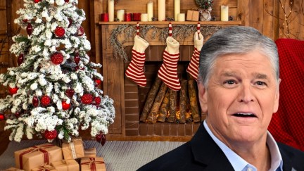 Sean Hannity imposed on an image of a home decorated for Christmas.