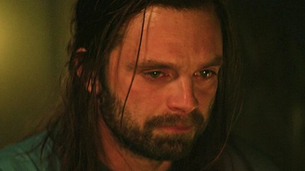 Sebastian Stan as the Winter Soldier. A man stares off with tears in his eyes.