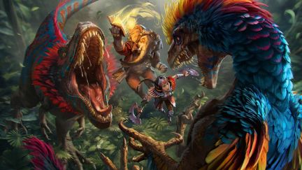 The Lost Caverns of Ixalan key art showing Huatli fighting dinos in 'Magic The Gathering'.