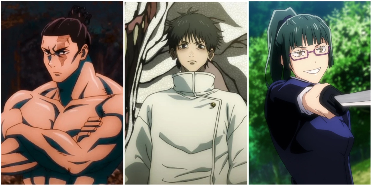 Todo Aoi from Season 1 of Jujutsu Kaisen before fighting Hanami. Okkotsu Yuta fighting Geto Suguru in Jujutsu Kaisen 0. Zenin Maki during her fight against Miwa Kasumi in Jujutsu Kaisen Season 1.