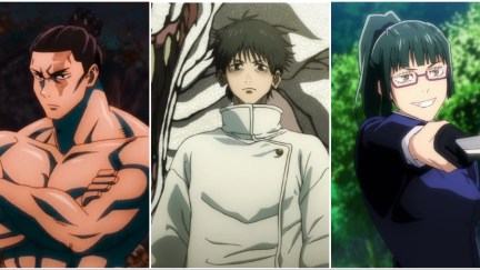 Todo Aoi from Season 1 of Jujutsu Kaisen before fighting Hanami. Okkotsu Yuta fighting Geto Suguru in Jujutsu Kaisen 0. Zenin Maki during her fight against Miwa Kasumi in Jujutsu Kaisen Season 1.