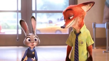 cartoon rabbit in police uniform standing with fox in yellow shirt and tie