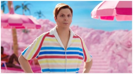 Allan (Michael Cera) wears a striped shirt and a concerned expression in 'Barbie'.