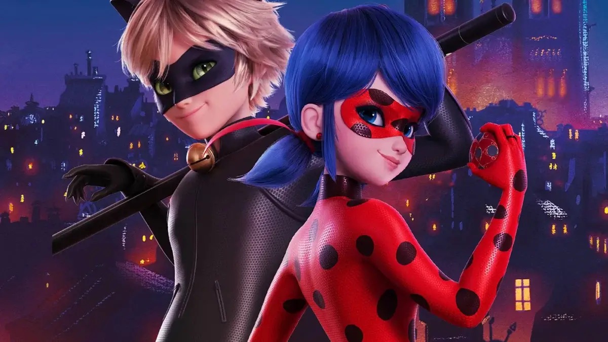 Miraculous Ladybug and Chat Noir stand back to back against a cityscape in "Miraculous Ladybug"