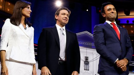 Republican presidential candidates (L-R), former U.N. Ambassador Nikki Haley, Florida Gov. Ron DeSantis and Vivek Ramaswamy are introduced during the NBC News Republican Presidential Primary Debate