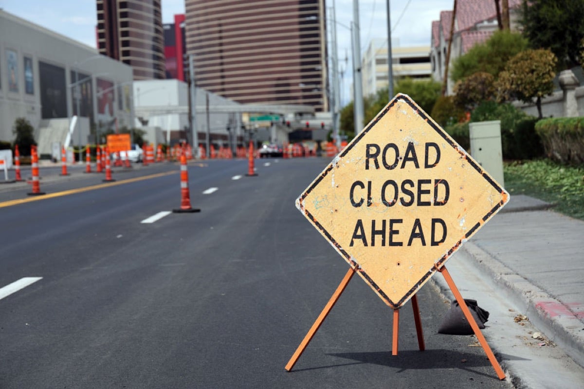 Construction work on Koval Lane on the long straight from turn 4 to 5 on the 3.8 mile circuit 50 lap course Formula One 2023 Las Vegas Grand Prix Street Circuit race taking place on November 18 2023 on August 1, 2023 in Las Vegas, Nevada.