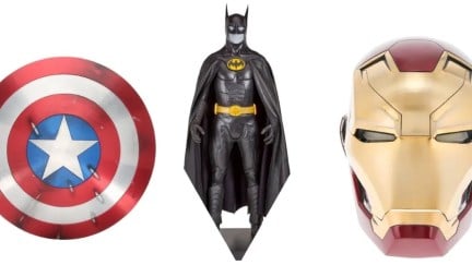 Captain America shield, Batman suit, and Iron Man helmet.