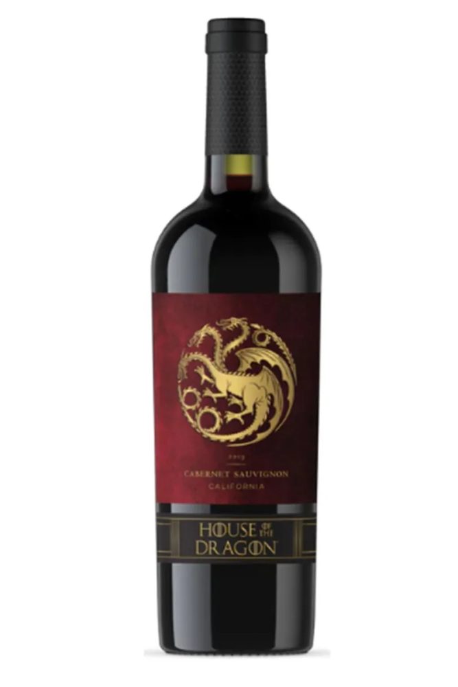 A bottle of House of the Dragon-themed red wine