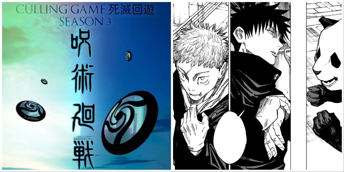 Jujutsu Kaisen FAKE fanart visuals for "Culling Games Arc Season 3" on the left, Yuji, Megumi, and Panda during the Culling Games Arc on the right.