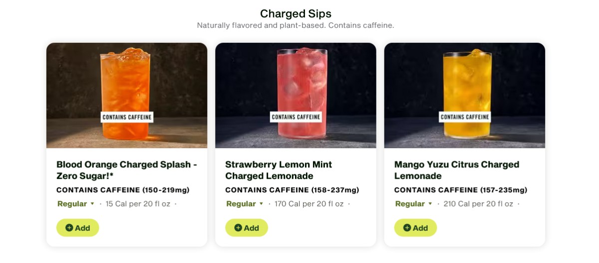 The various Panera Charged drinks available now