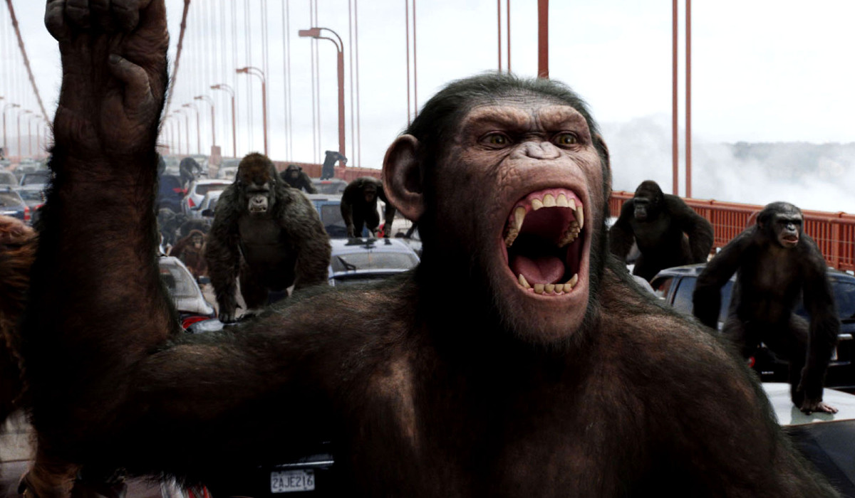 Caesar leading an ape army on the Golden Gate Bridge in Rise of the Planet of the Apes