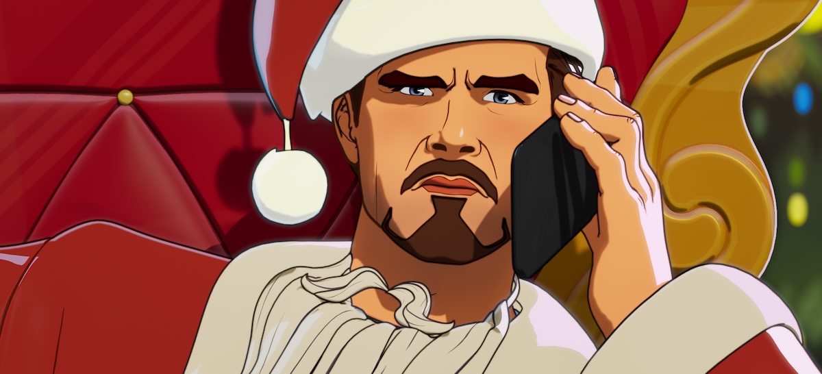 Tony Stark/Iron Man in a Santa hat in Marvel Studios' WHAT IF…?, Season 2.