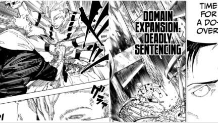 Sukuna and Yuji fighting, and Sukuna being trapped by Higuruma's Domain Expansion in chapter 244 of Jujutsu Kaisen.