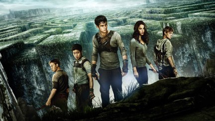 Will Poulter, Ki Hong Lee, Dylan O'Brien, Kaya Scodelario and Thomas Brodie-Sangster on a poster for The Maze Runner.