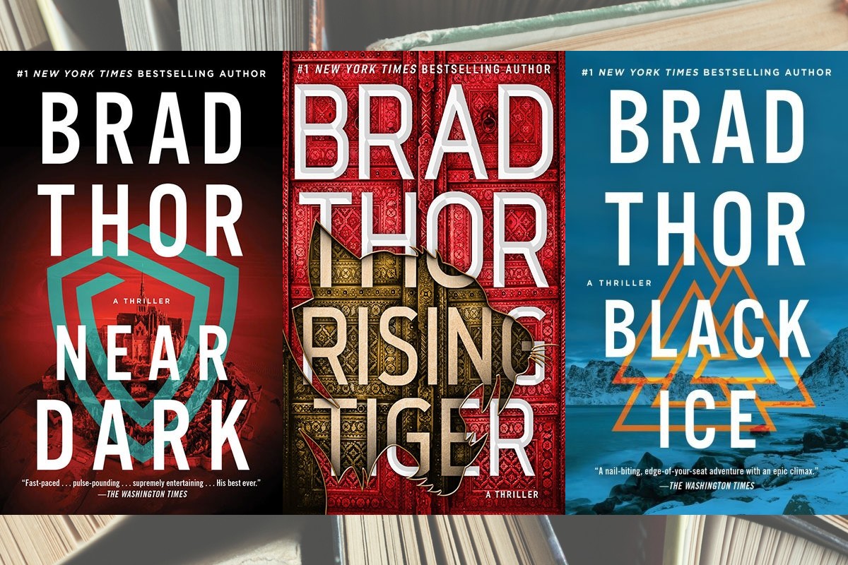 Three Brad Thor book covers overlaid on a background of unidentifiable books