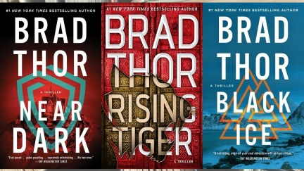 Three Brad Thor book covers overlaid on a background of unidentifiable books