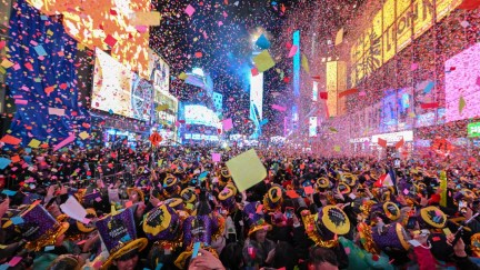 A massive crowd gathers in Times Square on New Year's Eve.