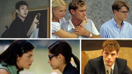 A collage featuring some of the best movies like 'Saltburn' (clockwise from top left): 'Parasite,' 'The Talented Mr. Ripley,' 'The Riot Club,' and 'Cruel Intentions'