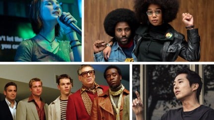 A collage featuring some of the best movies on Peacock right now (clockwise from top left): 'Never Rarely Sometimes Always,' 'BlacKkKlansman,' 'Burning,' and 'Ocean's Eleven'