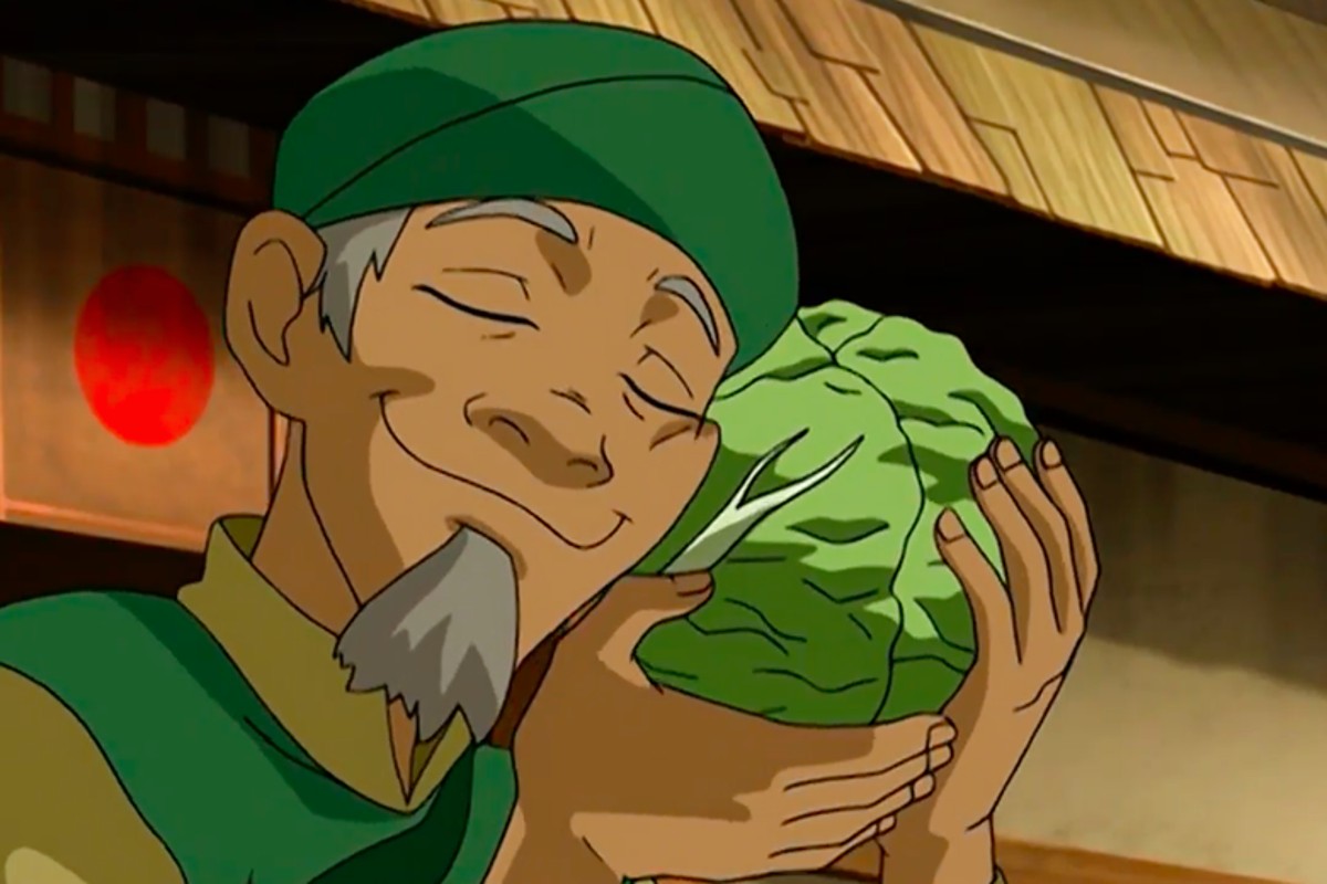 The Cabbage Merchant holds his cabbage close in 'Avatar the Last Air Bender.'