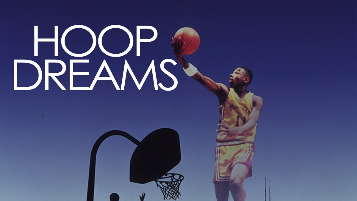 Man dunks basketball on cover of Hoop Dreams