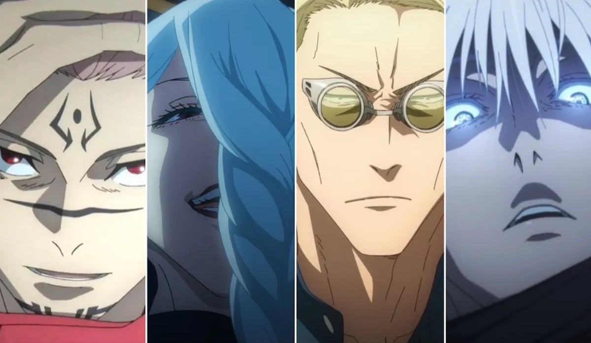 Ryomen Sukuna, Mei Mei, Nanami Kento, and Gojo Satoru from Jujutsu Kaisen Season 2.